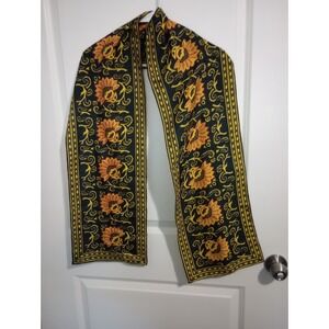 Vintage Glentex Silk Scarf 10x68 Black Gold Floral Paisley Hand Rolled Japan